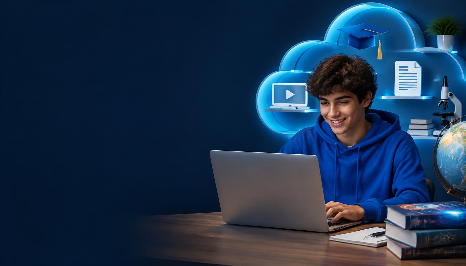 Student learning with a laptop and cloud-themed classroom